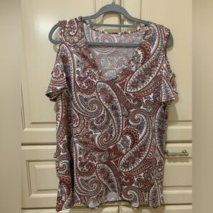Plus size cold shoulder, short sleeve blouse.
